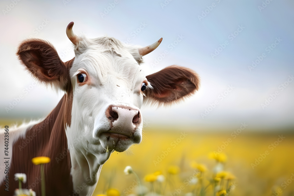 Cute cow with funny face on background.