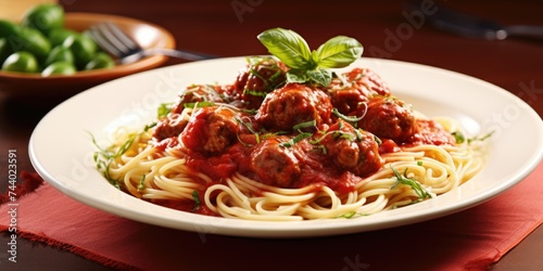 Delicious plate of spaghetti with meat and sauce, perfect for food blogs and restaurant menus