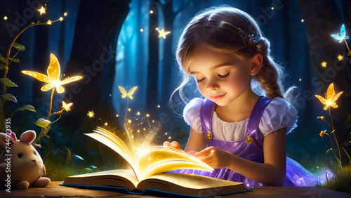 Little girl with a book in her hands reads a fairy tale, magic atmosphere around.Generative AI.
 photo