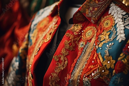 Detailed view of a red and gold jacket, versatile for various concepts