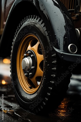 Close up of a car tire on a wet street, suitable for automotive and weather-related concepts