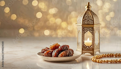 Ramadan food and drinks concept. Ramadan Lantern with arabian lamp, wood rosary, dates fruit, Ramadan Kareem and iftar Muslim holiday concept. Dried dates and lanterns, Generative AI photo