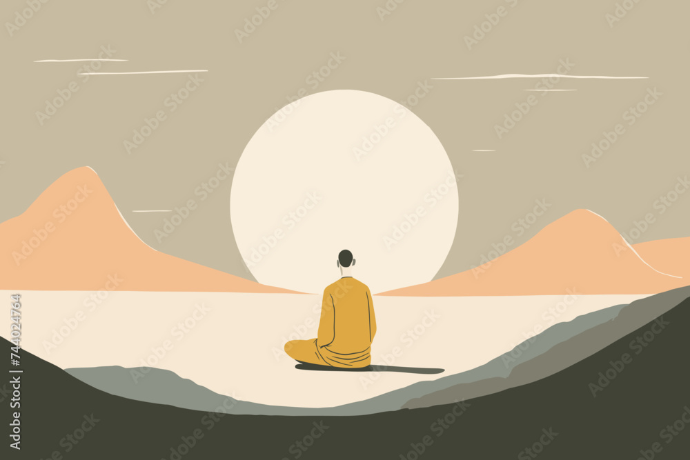 Enlightenment, nirvana and spiritual awakening concept with person in sitting pose peacefully meditating while facing the sun - obrazy, fototapety, plakaty 