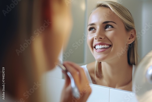 A woman smiles while brushing her teeth in front of a mirror. Suitable for dental care concepts photo