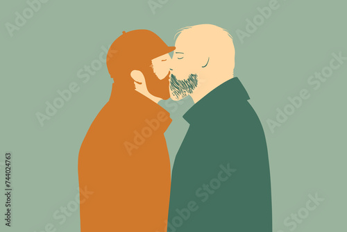 Two mature men with beard kissing as gay love concept. Tender kiss between two bearded adult men in minimalist art style.