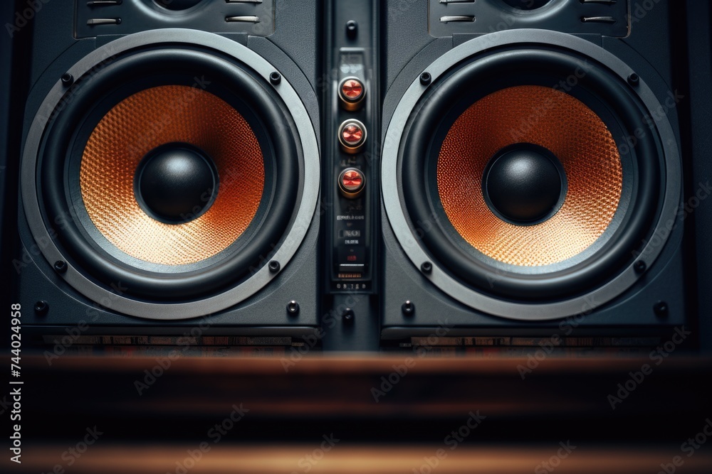 Speakers on wooden table, ideal for music concept Speakers on wooden table, ideal for music concept