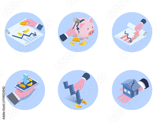 recession and bankrupt concept illustration set,business graph with pig bank	
