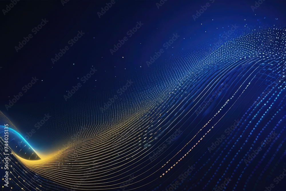 Wave of dots and weave lines. Abstract blue background for design on the topic of cyberspace, big data, metaverse, network security, data transfer on dark blue abstract cyberspace background. Wave of dots and weave lines. Abstract blue background for design on the topic of cyberspace, big data, metaverse, network security, data transfer on dark blue abstract cyberspace background.