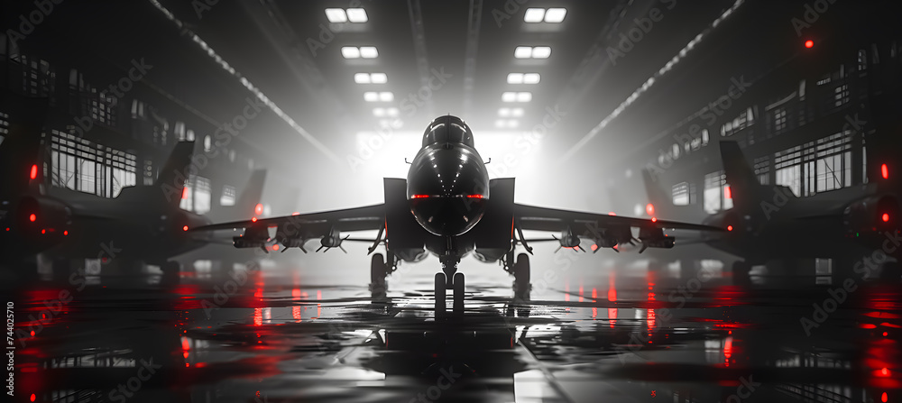 A military fighter jet aircraft parked in military hangar at the base airforce for military mission - obrazy, fototapety, plakaty 