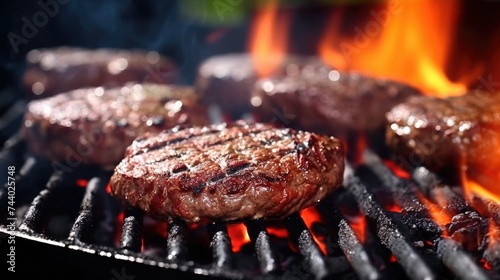 Hamburgers cooking on a grill with flames in the background. Ideal for food and cooking concepts