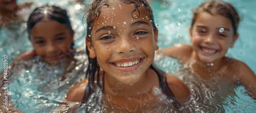 A joyful young woman with a beaming smile glides gracefully through the clear water of an indoor swimming pool, her human face radiating with the thrill of sport and the simple pleasure of bathing