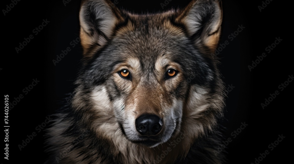 Close up of a wolf's face on a black background. Suitable for wildlife and nature themes