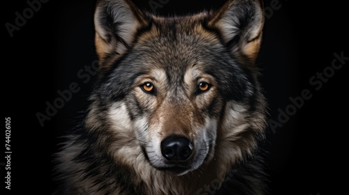 Close up of a wolf's face on a black background. Suitable for wildlife and nature themes