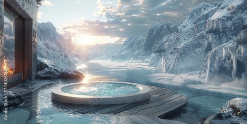 Amidst a serene winter wonderland, a steaming hot tub perched upon a dock beckons for a cozy and refreshing soak while gazing at majestic snow-capped mountains photo