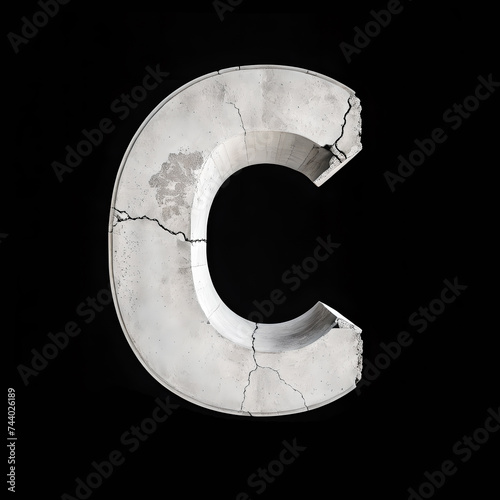Alphabet C made from broken concrete on black background, Generative AI