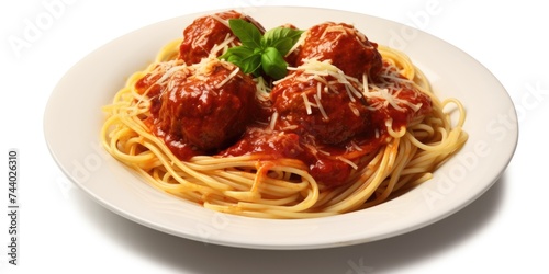 A white plate with spaghetti and meatballs. Great for food blogs or restaurant menus
