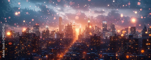 A glittering metropolis embraced by a wintry blanket, as the towering skyscrapers shine under the night sky while colorful fireworks light up the outdoor scene