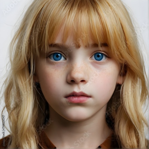 Little girl with yellow hair and blue eyes. Generative AI