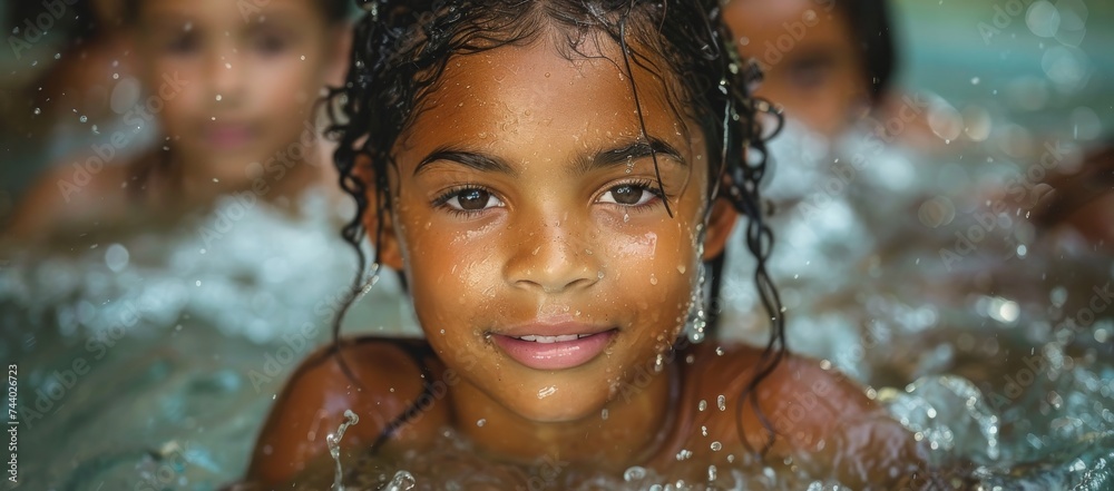 Obraz premium A young girl indulges in the peacefulness of swimming, her glistening face reflecting the tranquility of the water