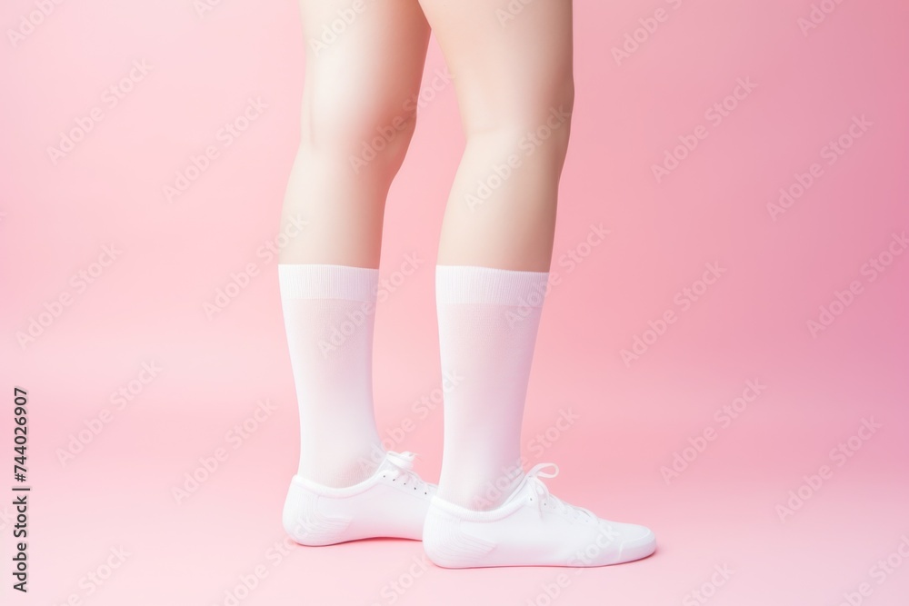 A person wearing white socks and white shoes. Suitable for fashion or casual lifestyle concepts A person wearing white socks and white shoes. Suitable for fashion or casual lifestyle concepts