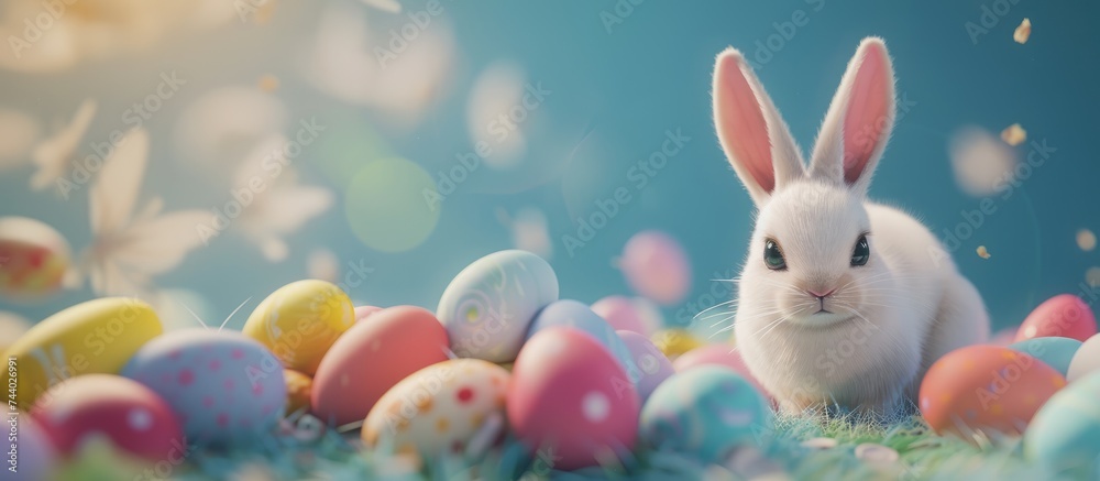Banner white rabbit and easter eggs on blue background, with copy space, easter background