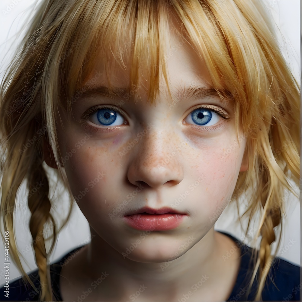 Little girl with yellow hair and blue eyes. Generative AI Little girl with yellow hair and blue eyes. Generative AI