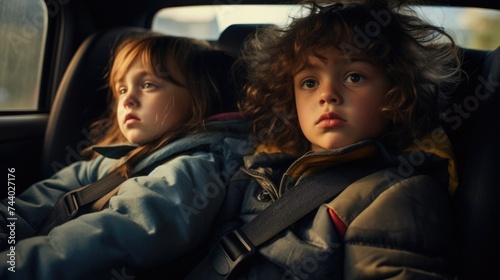 Two young girls sitting in the back seat of a car. Suitable for family travel concept