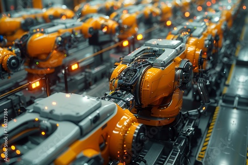 A team of industrious yellow robots work tirelessly in an orange-lit factory, their intricate engineering resembling a giant lego set come to life photo