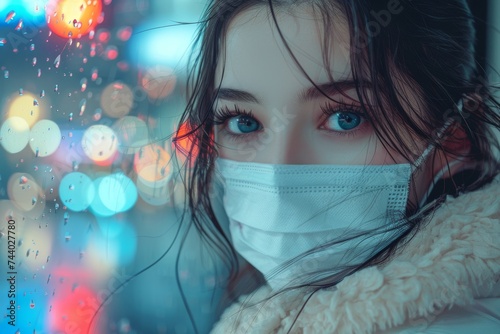 A woman's hidden identity shines through her mask, her eyes and lashes illuminated by the soft winter light as she stands indoors, her head covering adding to the enigmatic portrait of this mysteriou