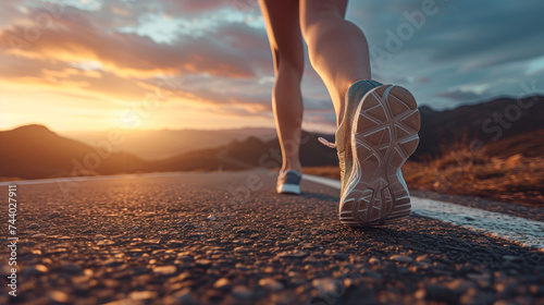 Close-up of a runner's shoes on an asphalt road at sunset with majestic mountains in the background. photo