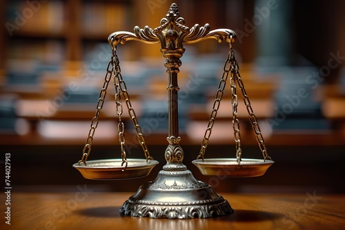 Shiny golden balanced scale in court library background as concept justice and fairness legal symbol