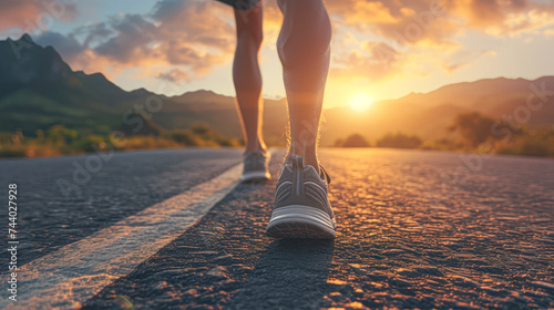 Close-up of a runner's shoes on an asphalt road at sunset with majestic mountains in the background.