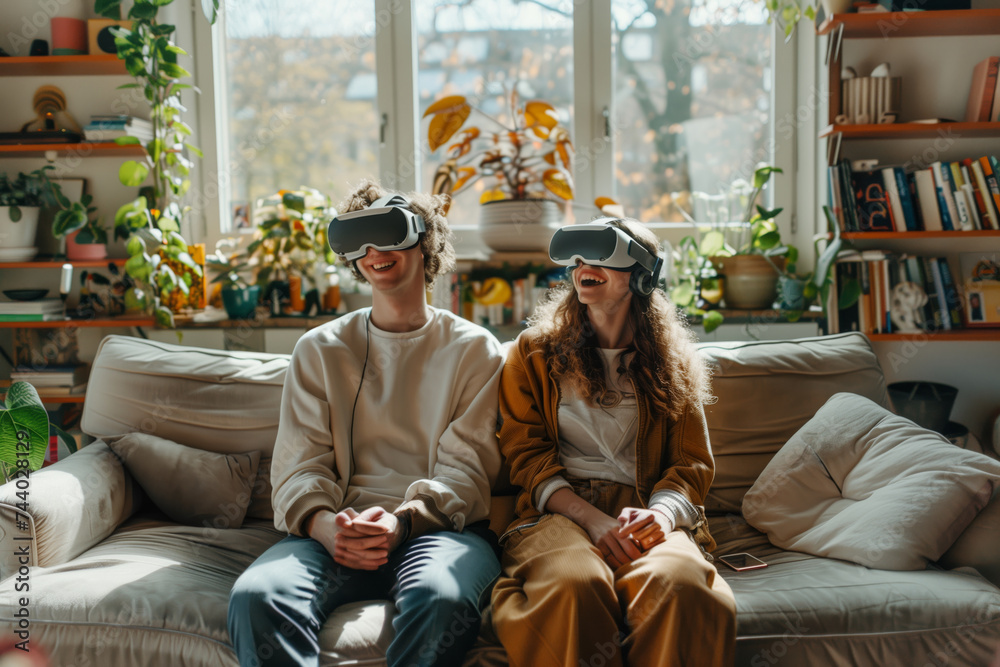 Couple Enjoying Virtual Reality Experience on the sofa in living room at Home. 
