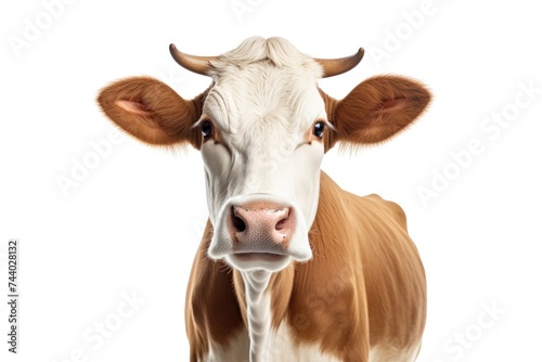 A brown and white cow standing on top of a field. Suitable for agricultural concepts