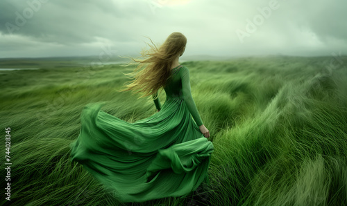 Woman walking in green windy field with tall grass wearing long dress photo