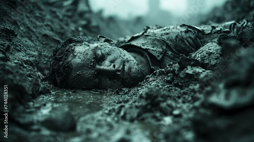 War photography with dead soldier lying down in muddy trench photo