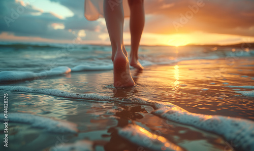 Low angle view of girls feet walking on beach at sunset