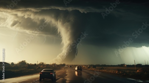 A car driving down a road under a large cloud. Suitable for travel brochures or weather-related articles