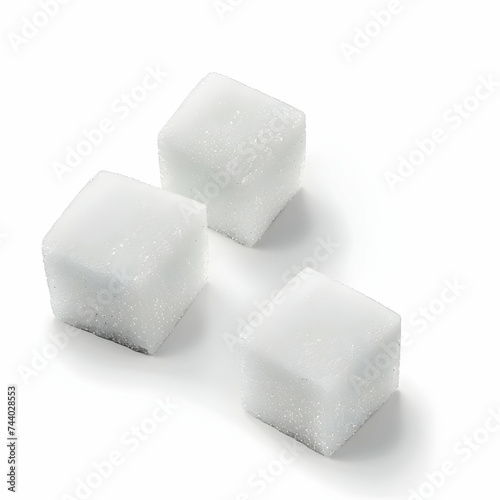 Close-up of three white sugar cubes, isolated on white background