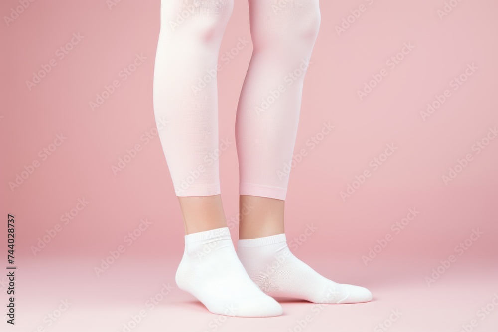 Close-up shot of a person's legs in white tights. Suitable for fashion or dance themes Close-up shot of a person's legs in white tights. Suitable for fashion or dance themes