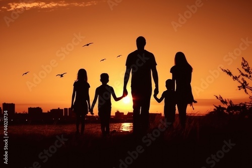 Silhouette of a family holding hands at sunset. Suitable for family and love concepts