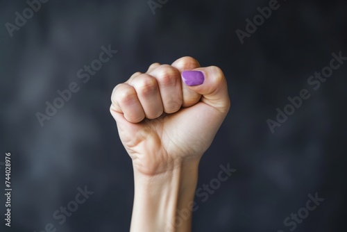 Woman raising her fist for Women's Day on a purple background. Girl power concept of women feminism, pride and solidarity, can be used for parades and manifestos photo
