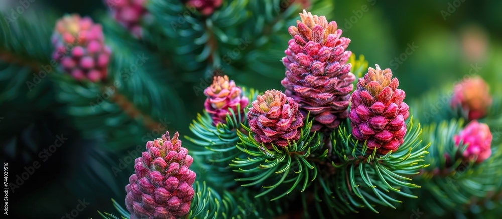 This close-up photo showcases a pine tree adorned with delicate pink flowers against a backdrop of lush greenery. The vibrant flowers add a pop of color to the scene. This close-up photo showcases a pine tree adorned with delicate pink flowers against a backdrop of lush greenery. The vibrant flowers add a pop of color to the scene.