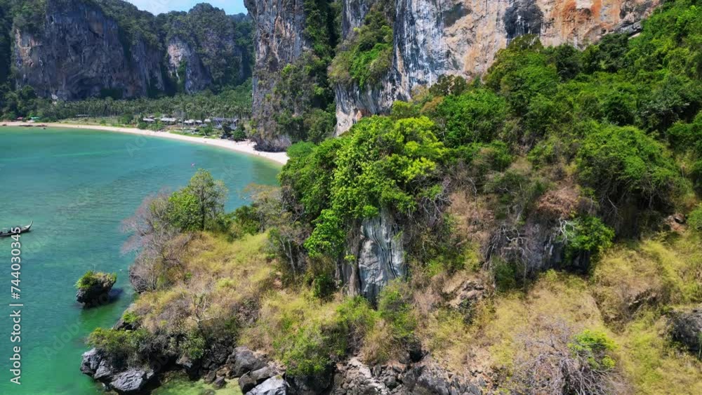 famous thai rocky cliff Railay Beach Krabi. Amazing aerial top view flight drone famous thai rocky cliff Railay Beach Krabi. Amazing aerial top view flight drone