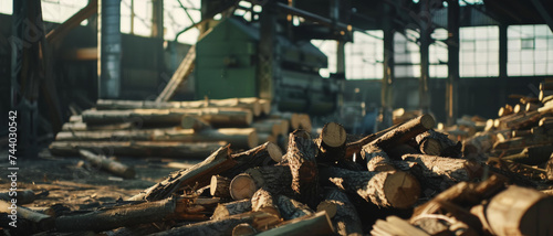 Pile of fresh-cut logs in a sunlit industrial workshop. photo
