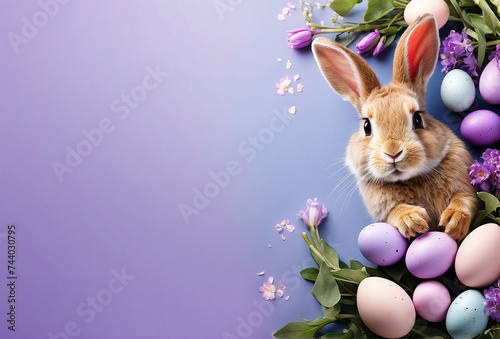 Eastertime concept rabbit or bunny with easter magical eggs and flowers in purple background photo