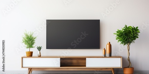 Television put on tv stand wood table, in minimal empty space luxury room background