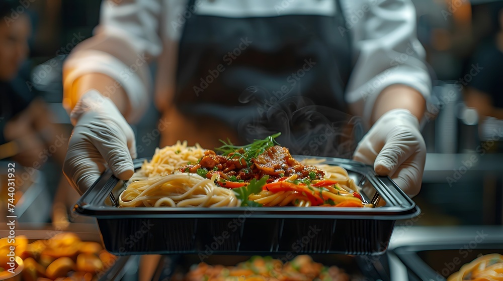 Chef Offering Steaming Pasta Dish in Takeout Box Chef Offering Steaming Pasta Dish in Takeout Box