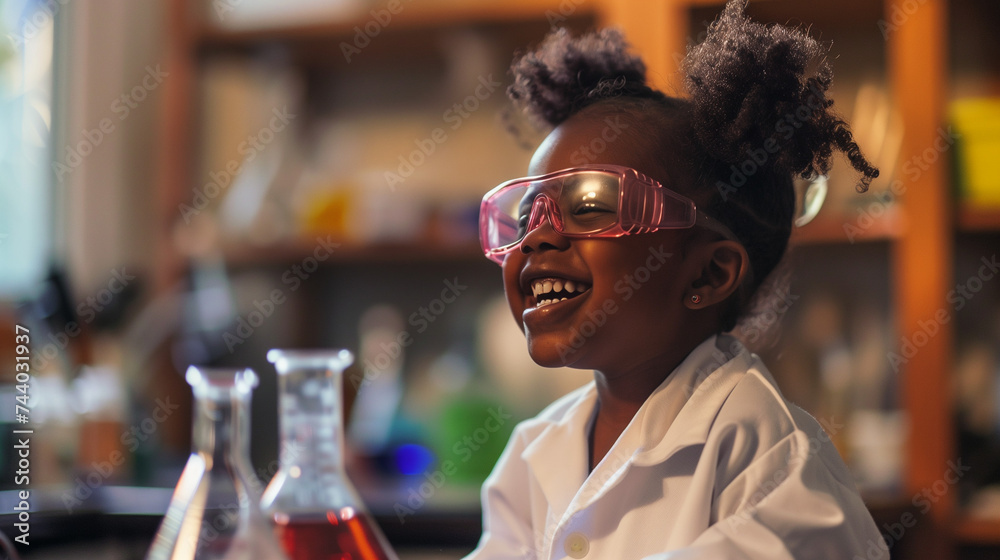 Candid happy young african american child in fancy dress as a scientist in a lab. AI generated