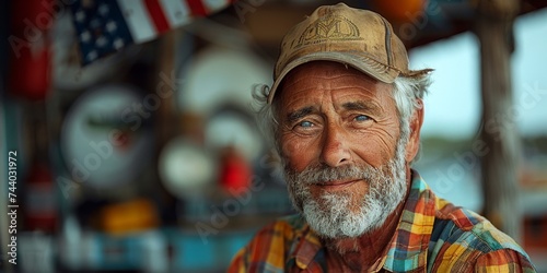 A weathered man with a thick beard and hat stands proudly on a busy street, his wrinkles and mustache telling the story of a life well-lived